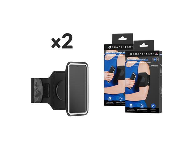 Pack de 2 brassards de sport Shapeheart, compatibles avec tous les smartphones grâce à leur pochette magnétique universelle.