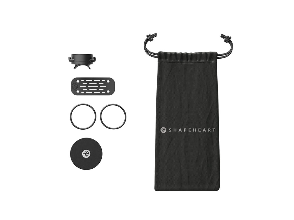 Contenu du support Shapeheart vélo universel: support, attaches, sac de rangement, plaque métal.