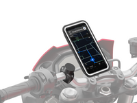 Support téléphone moto PRO fixé sur un guidon, compatible avec les guidons de 22 à 32 mm de diamètre.