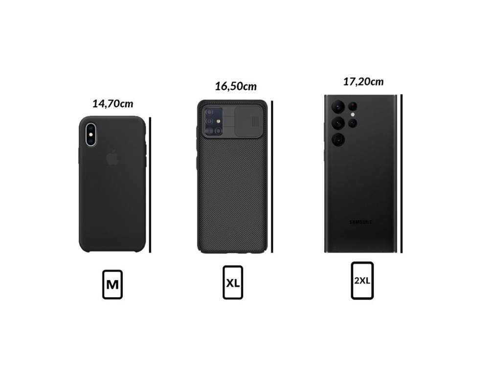 Dimensions des pochettes pour téléphones de 14,7 cm (M), 16,5 cm (XL), et 17,2 cm (2XL)